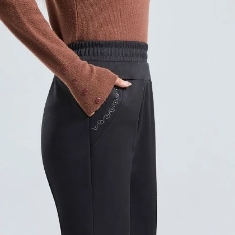 Autumn and Winter Women's Patchwork High Waist Pocket Solid Color Fashion Plush Thickened Loose Commuter Straight Leg Pants