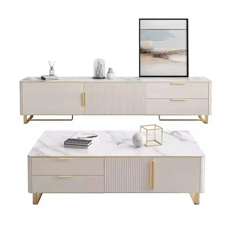ATUNUS Living Room Furniture Elegant High End Gold White Stainless Steel Frame TV Stand And Coffee Table With Drawer For Home