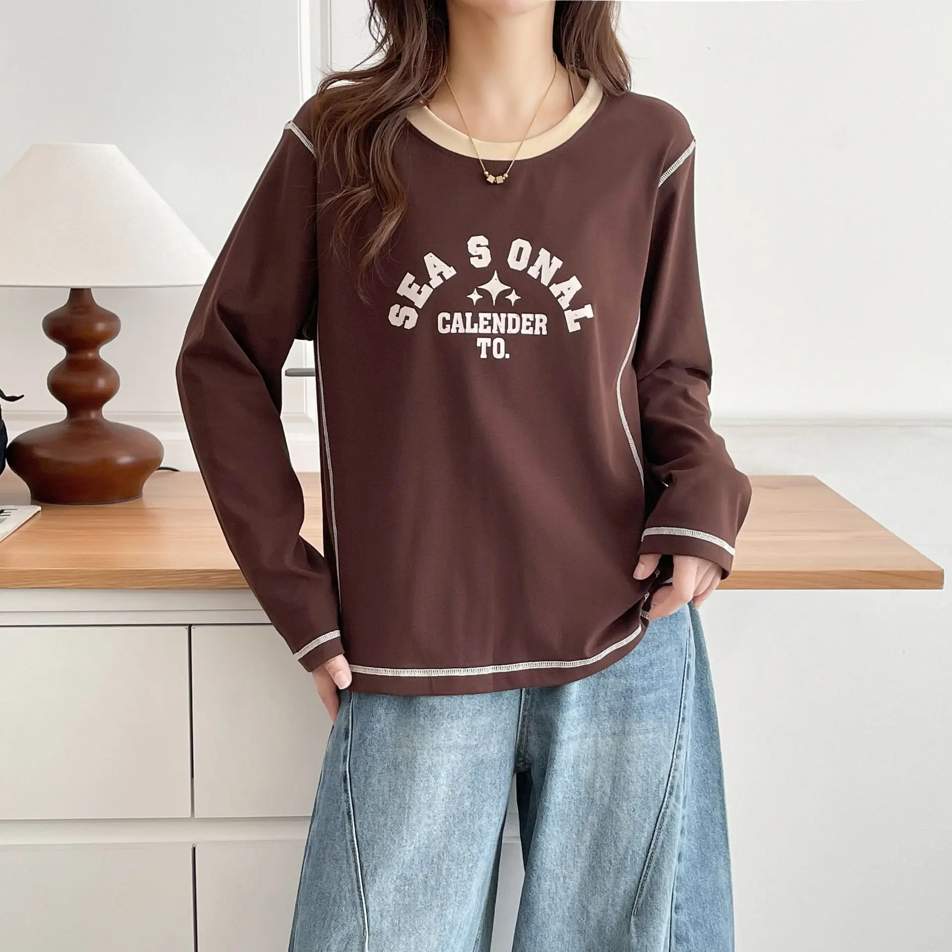 Fashion Plus Size Women's T-Shirt Autumn New Style Long Sleeve Top With Bright Line Printed Letters Youthful Student Tees 7032