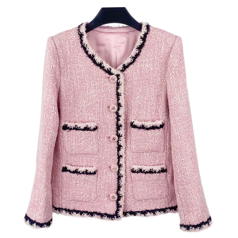 Sweet Style Tweed Fabric Fashion Women Pink Color Jackets Full