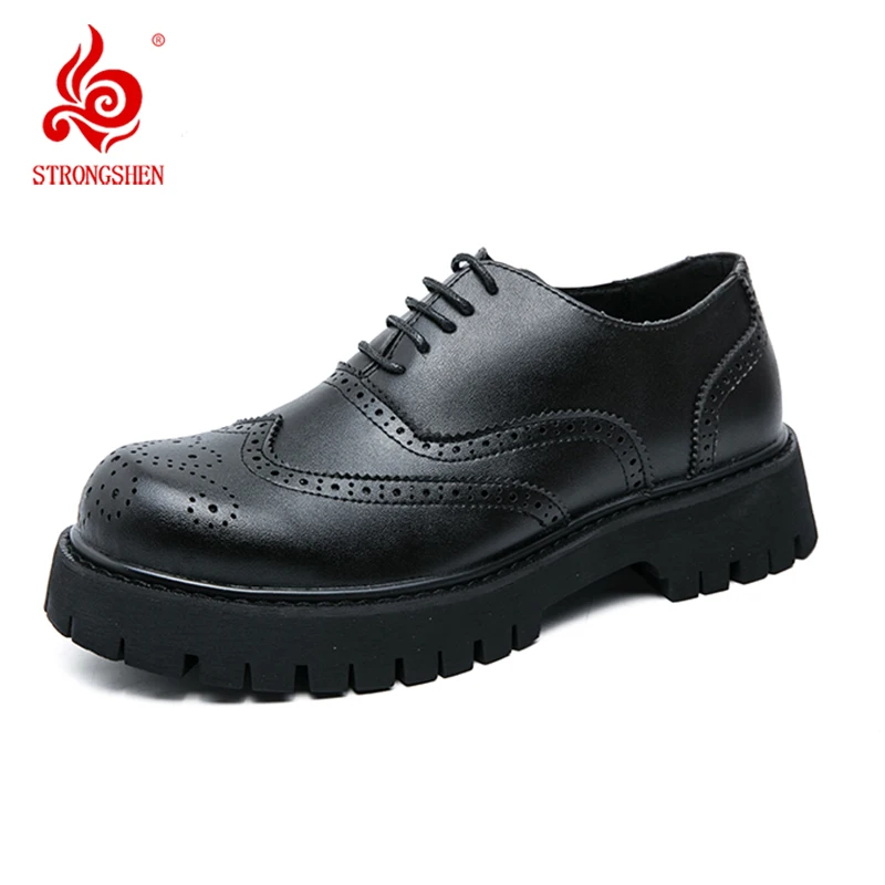 

STRONGSHEN Men Casual Leather Brogue Shoes Thick soled Fashion Formal Business Shoes Leisure Slip On Walk Oxford Male Moccasins