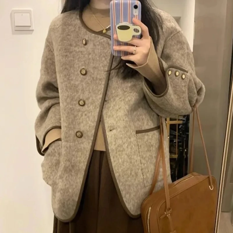 Wool Blend Coat for Women Short Plain Half Long Sleeve Elegant Mixtures Jacket Woman Fashion 2025 Winter Clothes Single Cheap - 2
