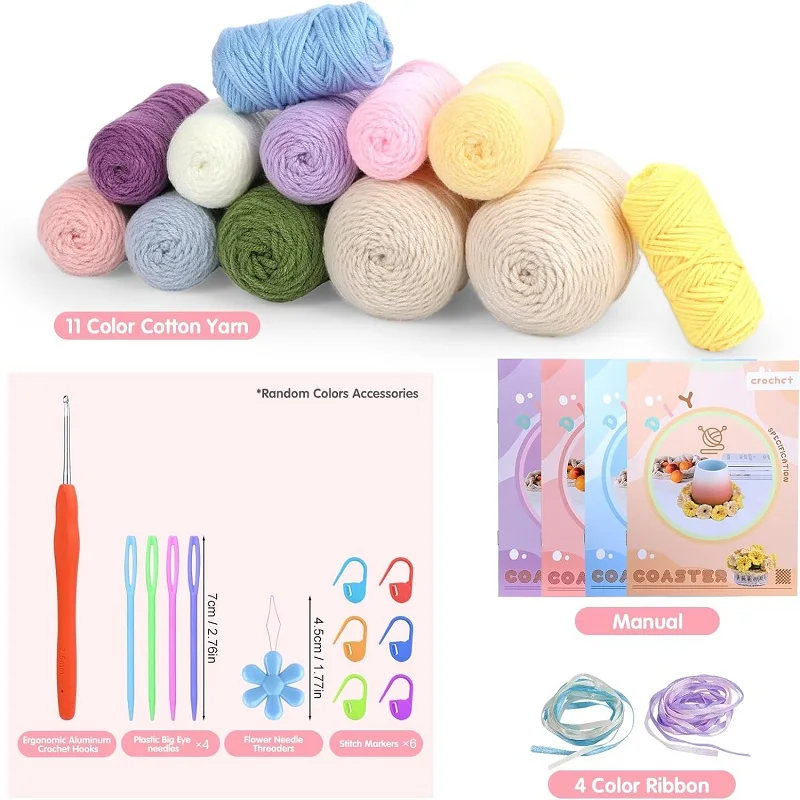 BUDDUR 4Pcs Flower Coaster Crochet Knitting Kit With Manual And Cotton Yarn Thread DIY Handmade Craft Accessories Tools Set