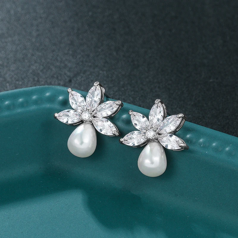 WEIMANJINGDIAN Cubic Zirconia Crystal CZ and Shell Pearl Leaf Earrings Women Bridal Jewelry