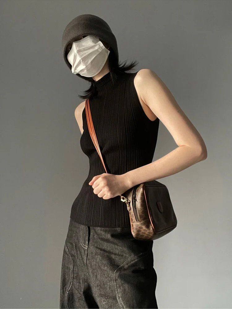 Turtleneck Knitted Tank Top for Women's Summer Sleeveless Elastic Sexy Slim Basic Tops Streetwear
