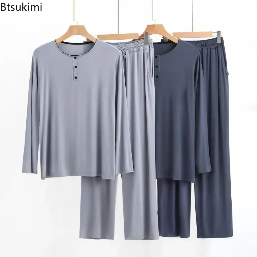 Modal Pajama Sets Men's Long Sleeve Henley Shirt Tops and Pants Home Two Pieces Soft Cozy Sleepwear Outfits Loungewear Male pajamas set man pajamas set