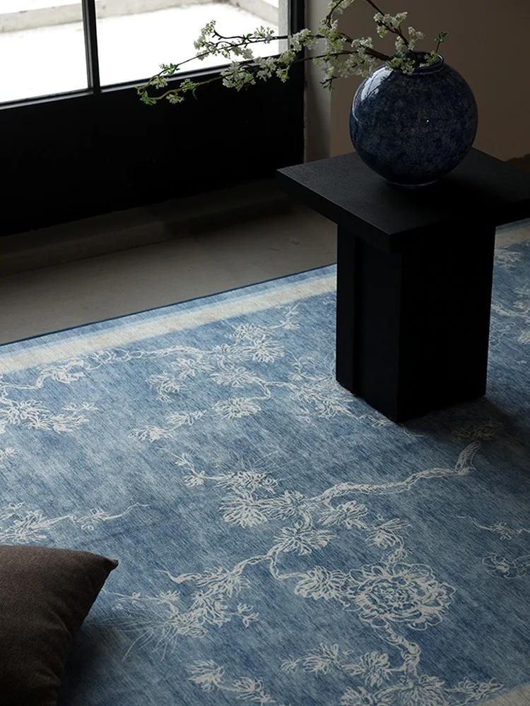 Chinese Retro Living Room Large Area Carpet Ethnic Style Bedroom Carpet Blue Floral Home Rug Soft Non-slip Machine Washable Rugs 3