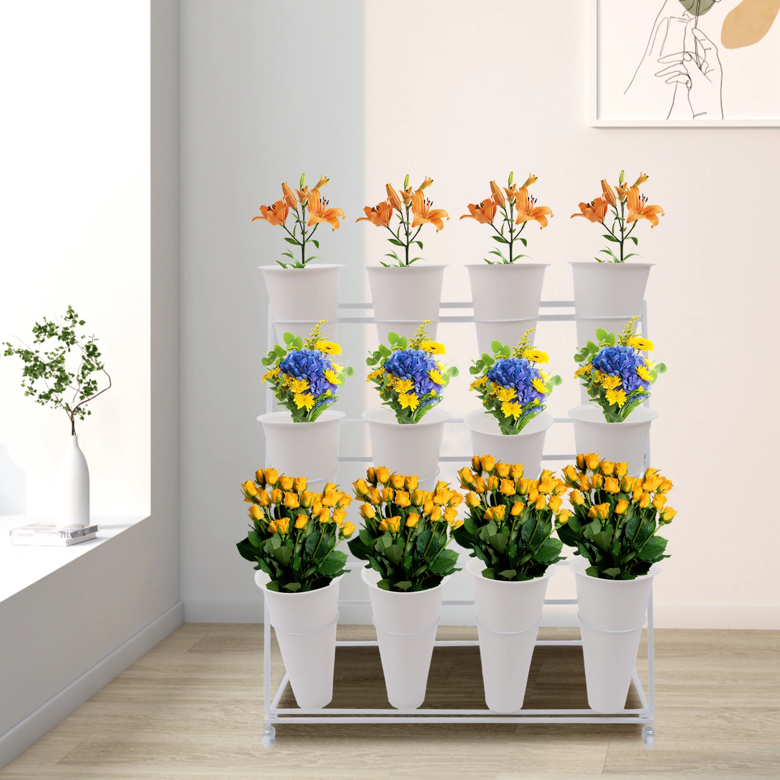 3 Layers Flower Display Stand Movable Modern Metal Plant Shelf with 12Pcs Flower Buckets & Wheels for Home Garden Patio Balcony plant stand
