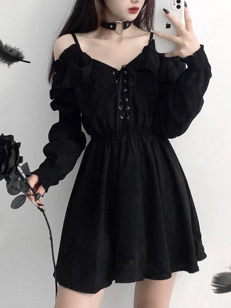 

New Large Size Gothic Women Black Mini Dress Sexy Off Shoulder High Waist Tunic Ladies Party Dress Long Sleeve V Neck Vestidos