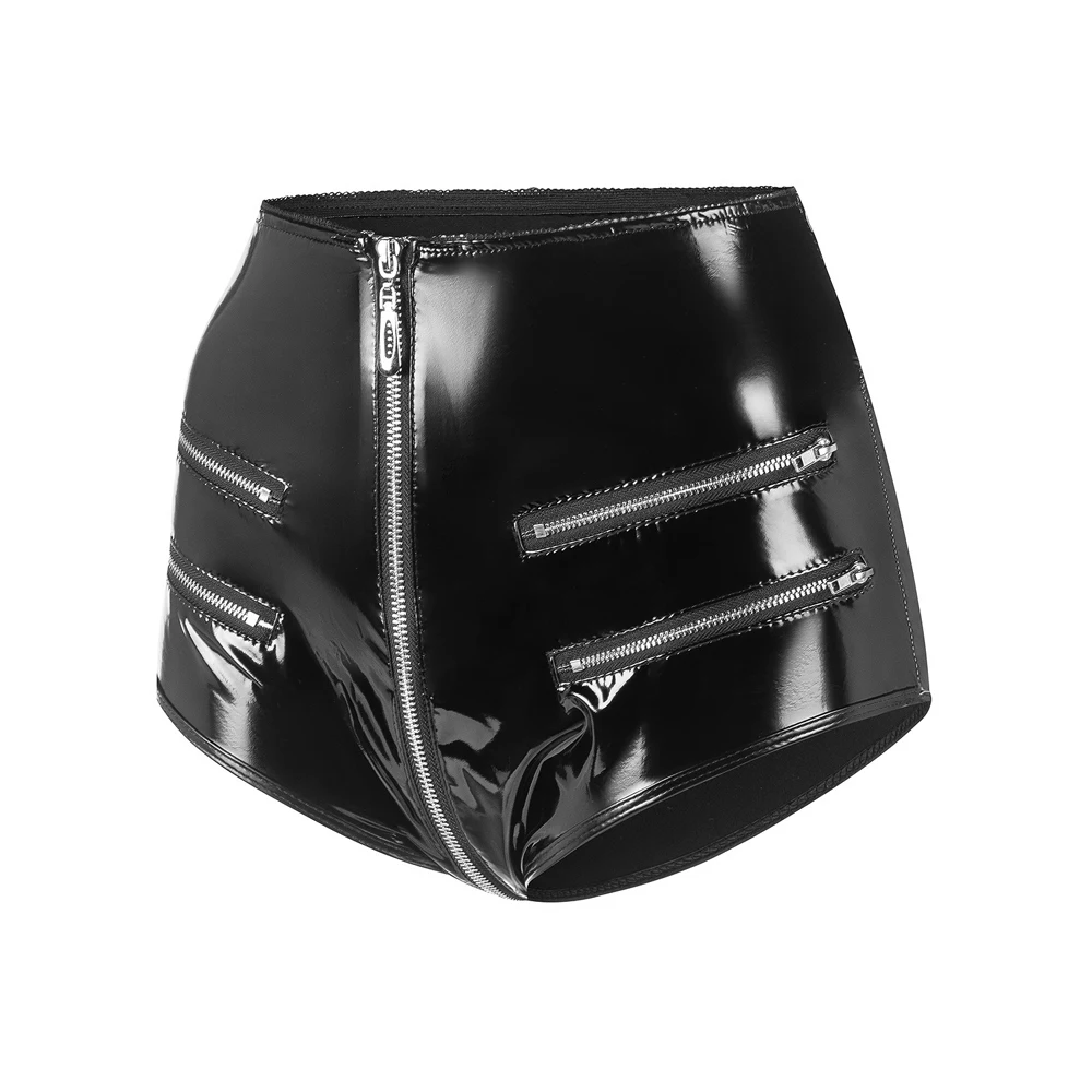 Neue Hochgeschnittene PVC-Shorts Glänzende PU-Leder Reißverschluss-Shorts mit Offenem Schritt Kurze Mini-Bermudas Enge Hotpants Sexy Clubwear Pole Dance Hosen – Detail 5