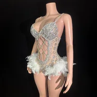 Women Luxury Rhythmic Gymnastics Leotards Bling Bling Glitter Diamonds Cut Out Bodysuit With White Feathers Nightclub Costumes - Image 2
