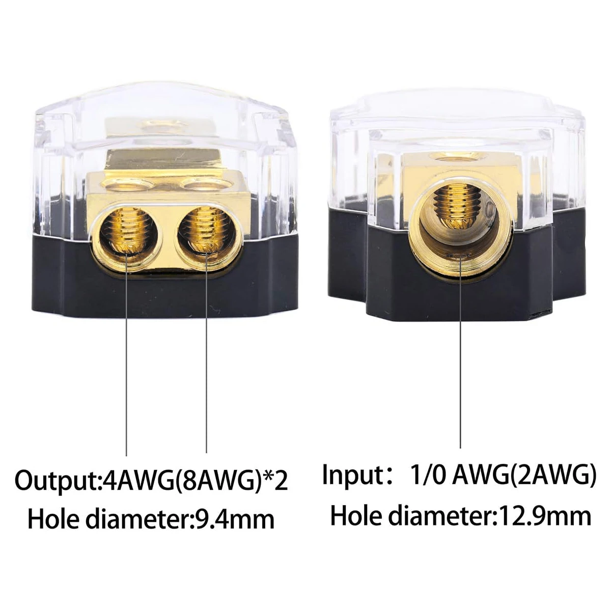 2Way Power Distribution Block Copper Car Audio Power Wire Splitter 0/2/4 Gauge in 4/6/8 Gauge Out Durable Amplifier power distribution block