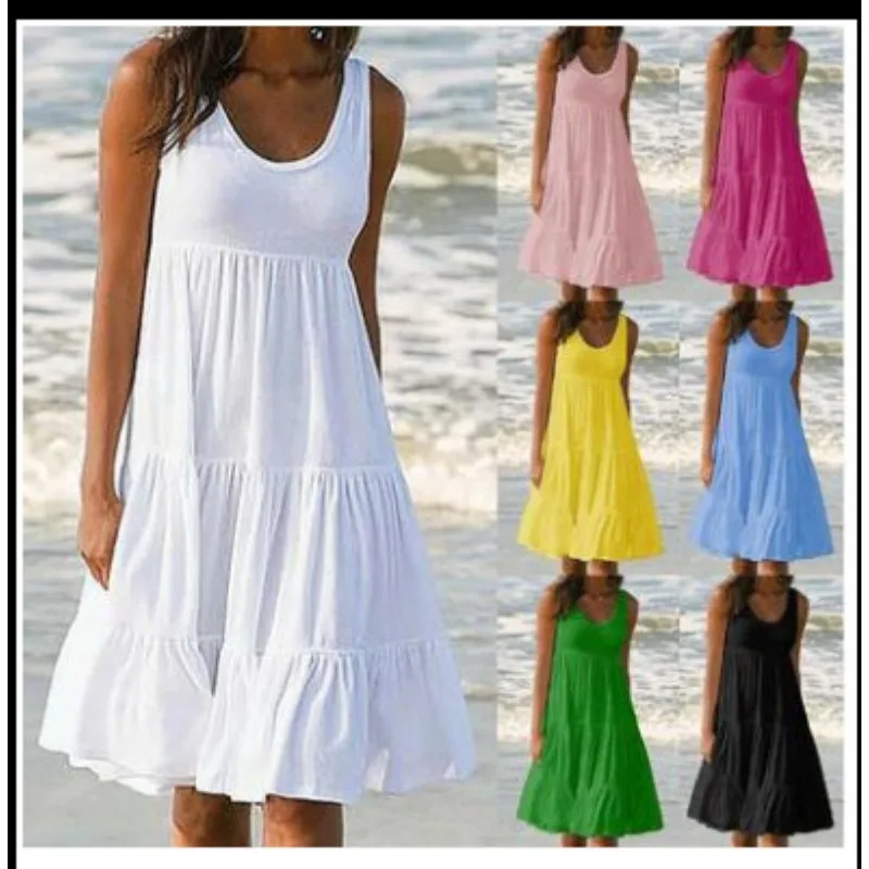 

Oversized O Neck Sleeveless Ruffles Loose Beach Dress Women Boho Solid Color Plus Size Elegant Sundress Club Party Vestidos