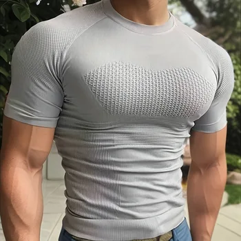 European and American Men's Seamless Short Sleeve Training Fitness Running Show Strength Quick Drying Men's Sports T-shirt 1