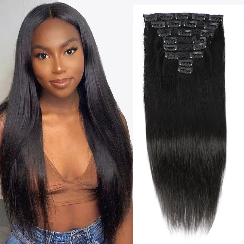 Clip droit naturel dans les Extensions de cheveux humains 120G 8 pièces/ensemble postiche brésilienne vierge pleine tête à clipser 8-24 pouces pour les femmes