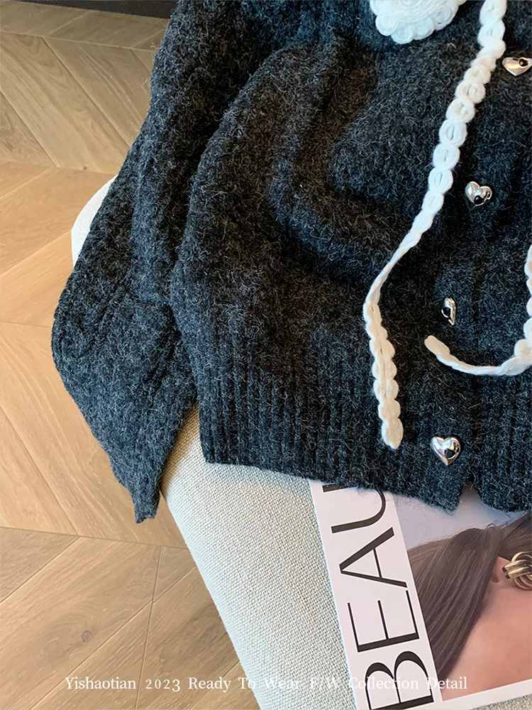 프랑스어 피터팬 칼라 럭셔리 가디건 레이스 업 슬림 세련된 여성의 새로운 니트웨어 2023 가을 겨울 streetwear 일본 패션