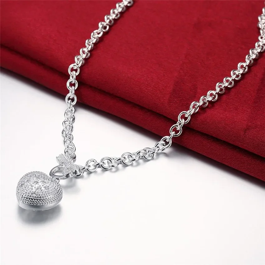 Pendant Necklace Silver Necklace 925 Sterling Silver Necklace Jewelry 18 inches Shiny Crystal Heart Key necklace for women Christmas gift