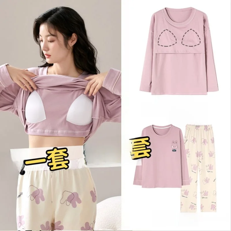 여성용 가슴 패드가 있는 잠옷 세트 봄 가을 긴팔 라운드넥 홈웨어 고급스러운 디자인 야외 착용 가능 겨울용