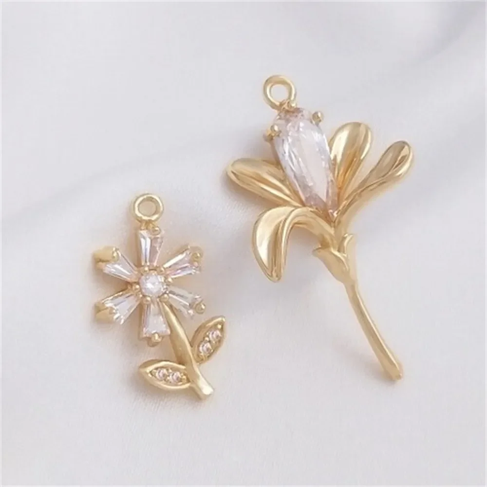 

14K Gold Inlaid Zircon Flower Pendant Diy Earrings Necklace Bracelet Jewelry Charms Pendant K375