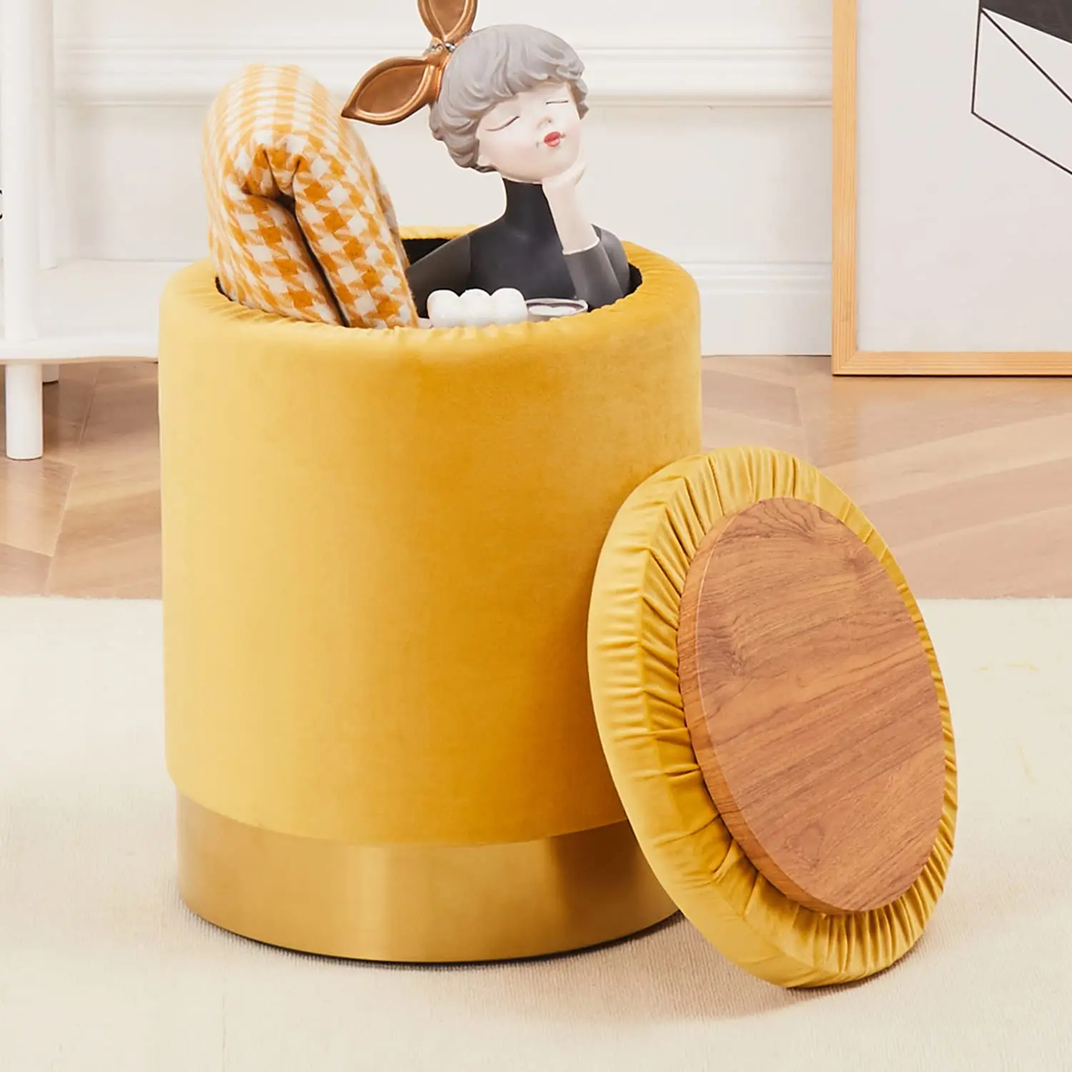 

23Qt Velvet Modern Footrest Stool Ottoman Metal Base Modern Storage Chair Ottoman Round Storage Foot Stools Padded Seat Yellow