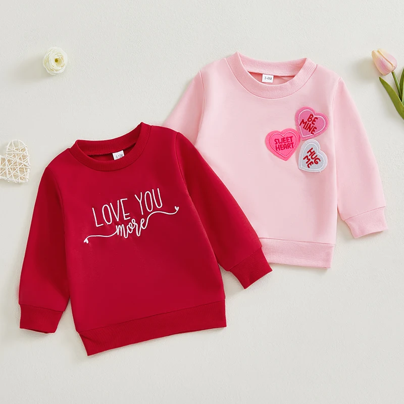 -09-24 Lioraitiin 6M-4Y Toddler Girls Valentine's Day Sweatshirt Letter Heart Long Sleeve Round Neck Casual Tops