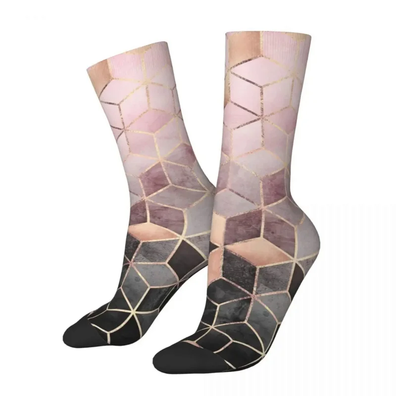 

New Men's Socks Crazy Pink And Grey Gradient Cubes Sock Skateboard Women Socks Spring Summer Autumn Winter
