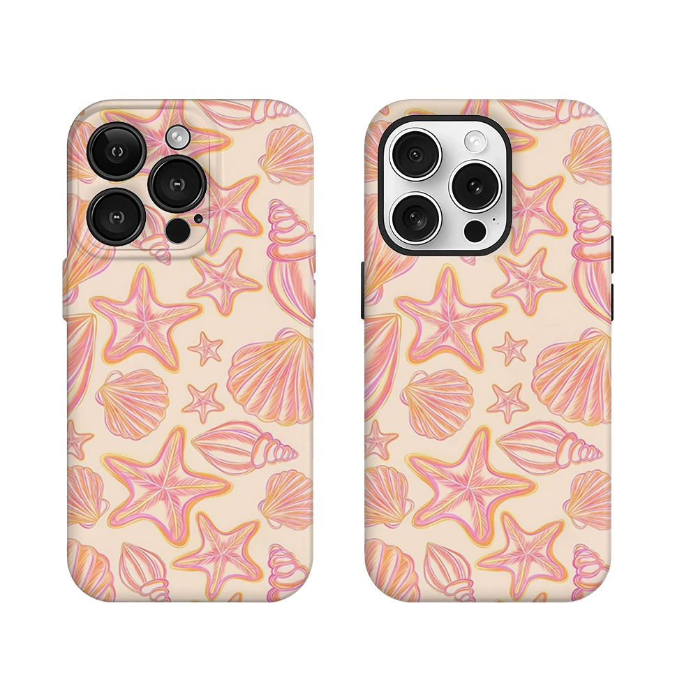 Luxury Double-Layer Phone Case with Pastel Sea Shells and Starfish Design