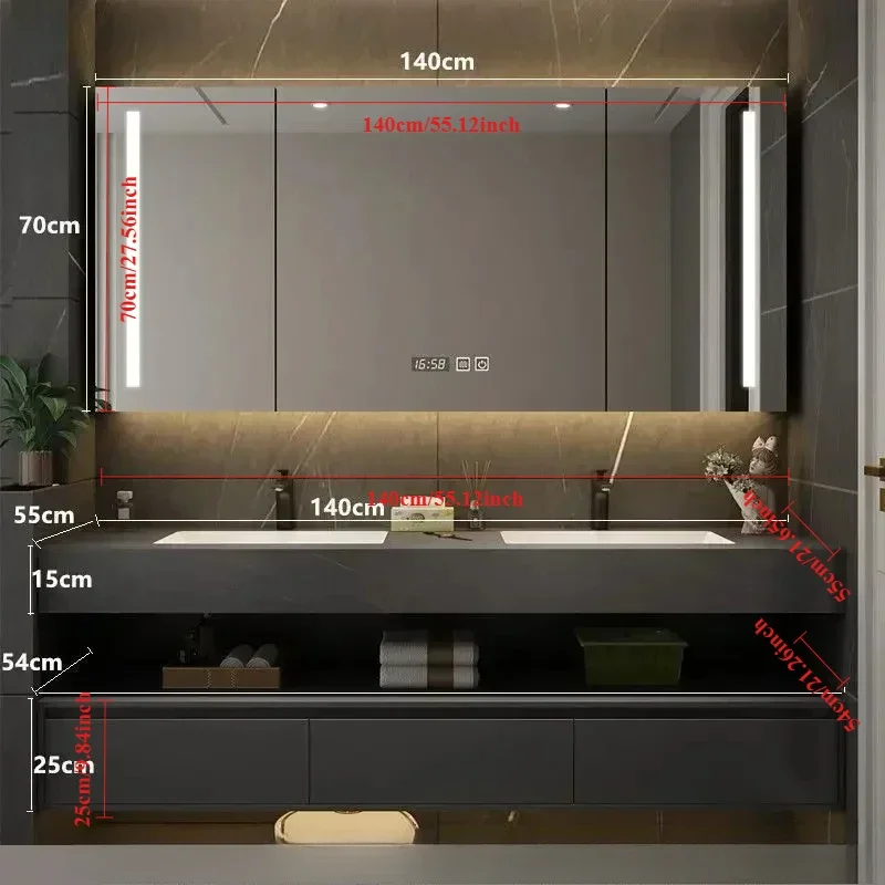 Mirror Cabinet, Bathroom Vanity, Rock Board, Single and Double Sink Floating, with Smart Mirror, Suitable for Bathroom Bathing