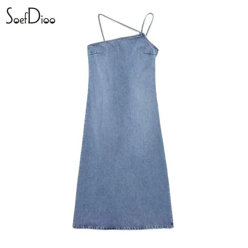 

Soefdioo Solid Irregular Denim Bodycon Midi Dress Fashion Sleeveless Backless Women Clothes Summer 2023 Casual Party Clubwear