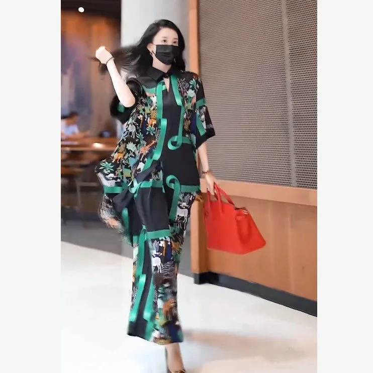 Fashion Wide-Leg Pants Suit Women Retro Print Oversize Long Dress + Pants 2PCS Mother Silky Silkworm Dress Sets 5XL women casual batwing sleeve irregular top elastic waist pant oversize solid matching sets work ol pant sets zanzea retro suits