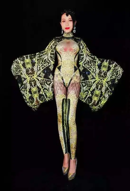 

Fashion Female Singer Big Sleeves Bodysuit Performance Wear Black Yellow Jumpsuit Outfit Women Celebrate Rhinestone Costume