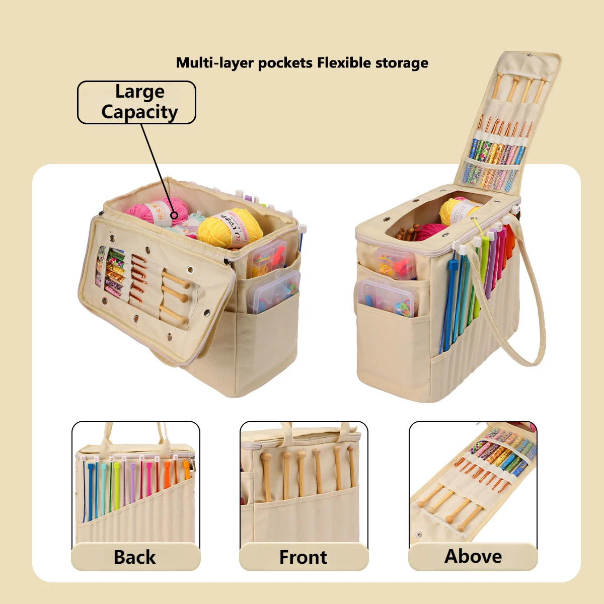 Large Capacity Organizer Canvas Yarn Storage Bag Solid Crochet Bag with Multi-layer Pockets for Hooks Knitting Needles