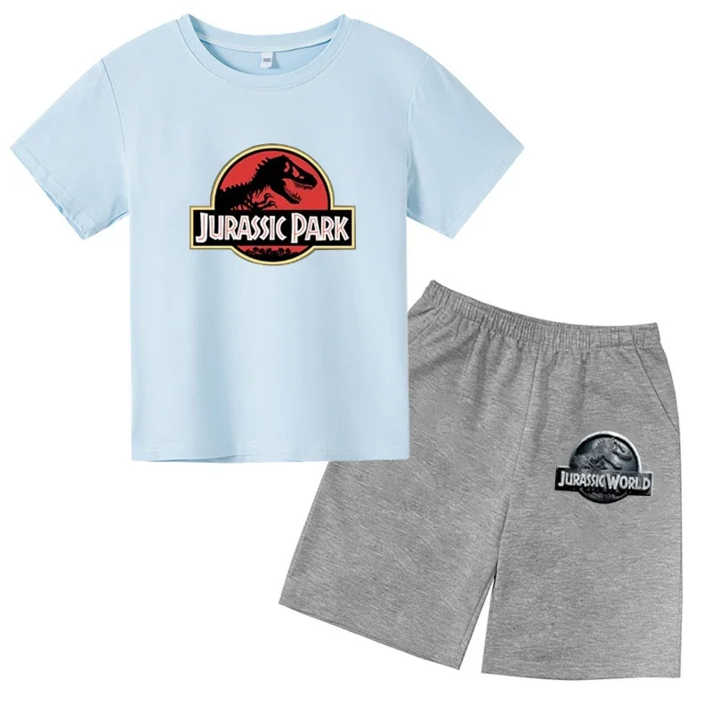 thumbnail image 1 of Conjunto de 2 piezas de camiseta y pantalones cortos con estampado de dinosaurio de Jurassic Park para niños y niñas, con estampado de dibujos animados de verano, 1 of 4