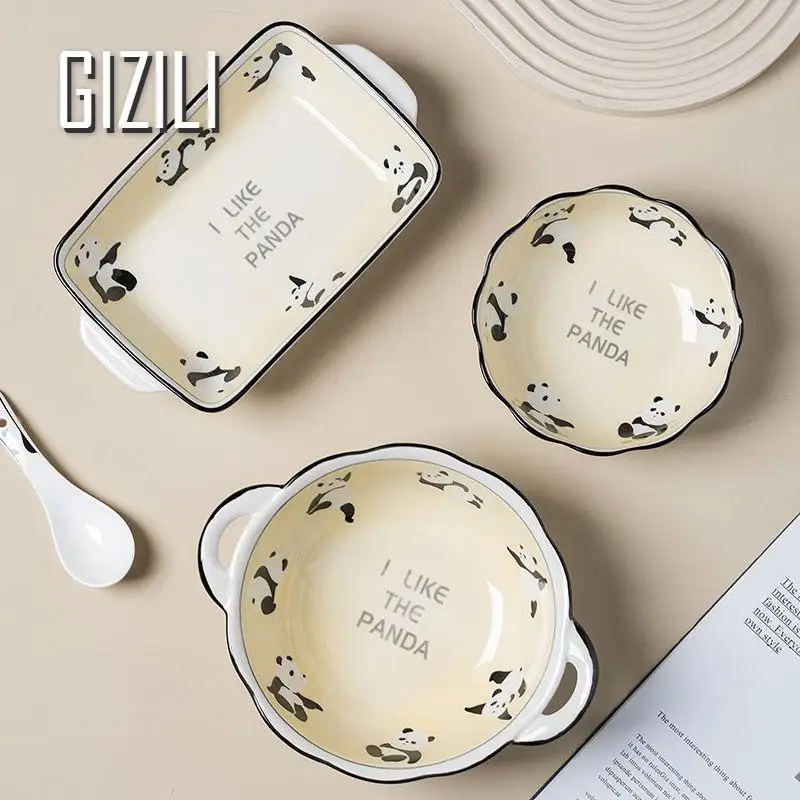 Cute Panda Ceramic Dinnerware Food Plate Cartoon Dinner Plates Set Ableware Bowl Set Household Salad Bowl Kitchen Supplies