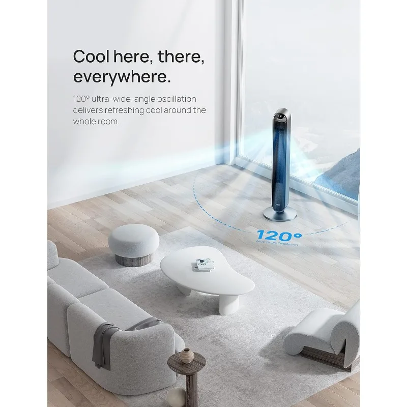 Dreo 120° Oscillating Tower Fan, 42 Inch Bladeless Fan for Bedroom, 25dB Quiet DC Motor, Standing Fan with Remote 4