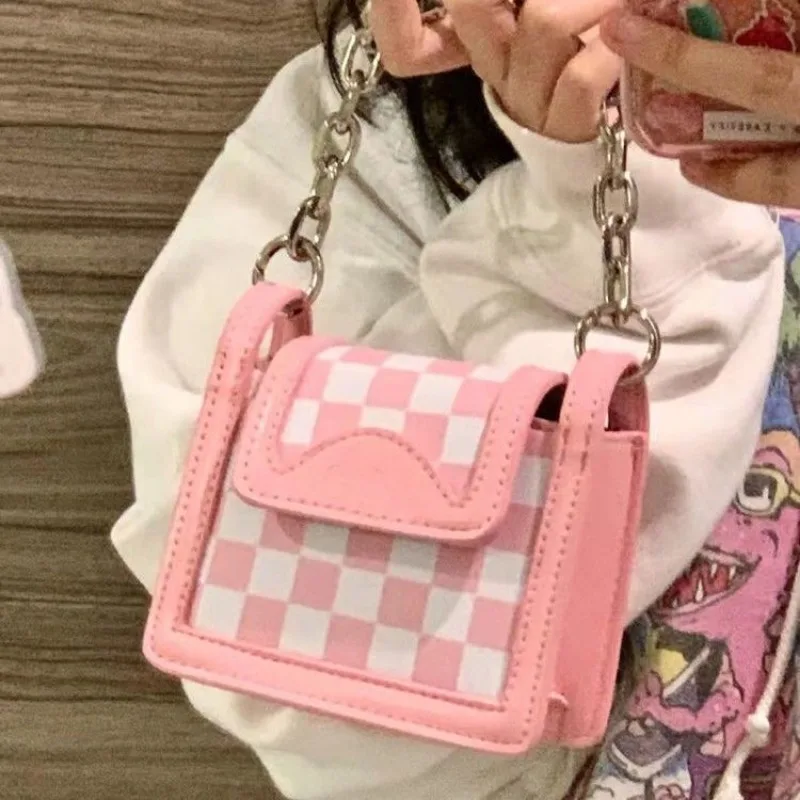 MBTI Pink Cinnamoroll Shoulder Bag for Women Small Plaid Sweet Designer Handbag Square Summer Leather Female 2024 New Coin Purse