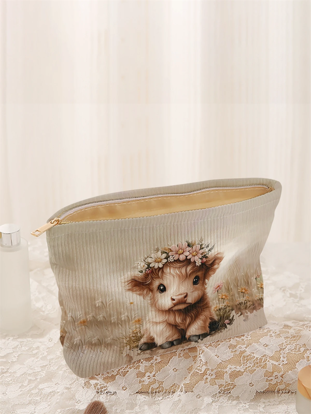 1pc calf pattern printed corduroy makeup bag, lightweight zipper makeup storage box, multifunctional bag with lining