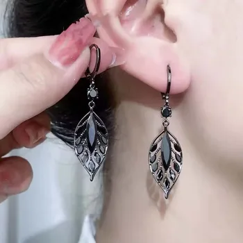 New Fashion Black Crystal Leaf Tassel Drop Earrings 1