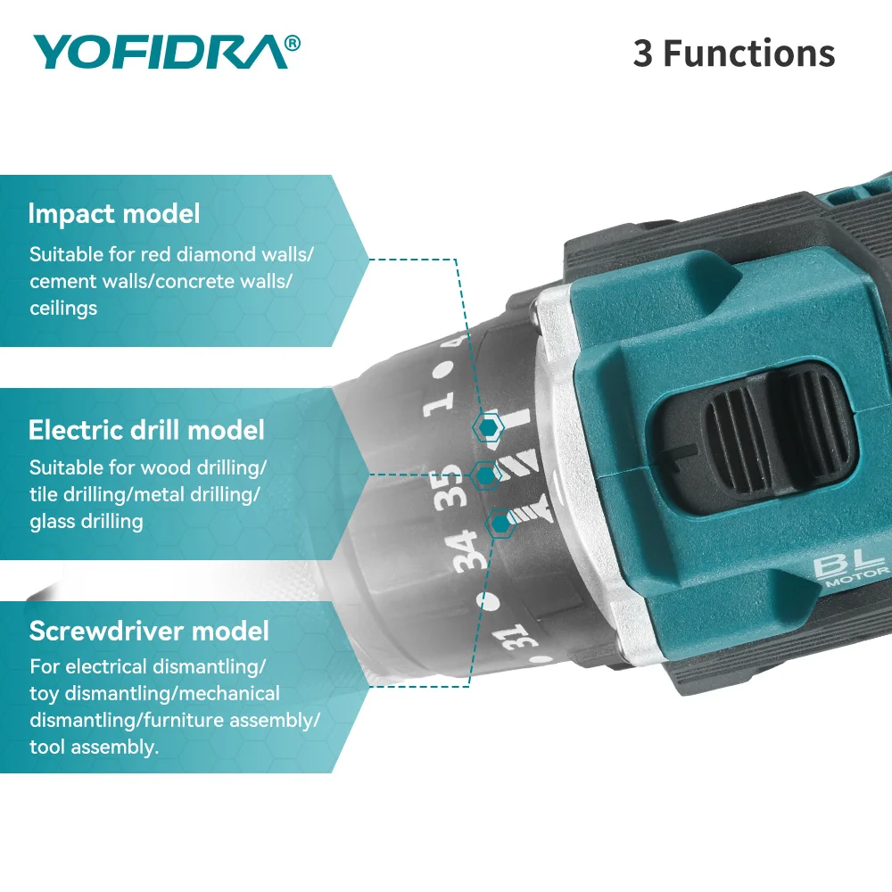 YOFIDRA 13mm 35+3 토크 브러시리스 전기 임팩트 드릴 무선 고효율 전기 스크루드라이버 마키타 배터리 핀용 공구
