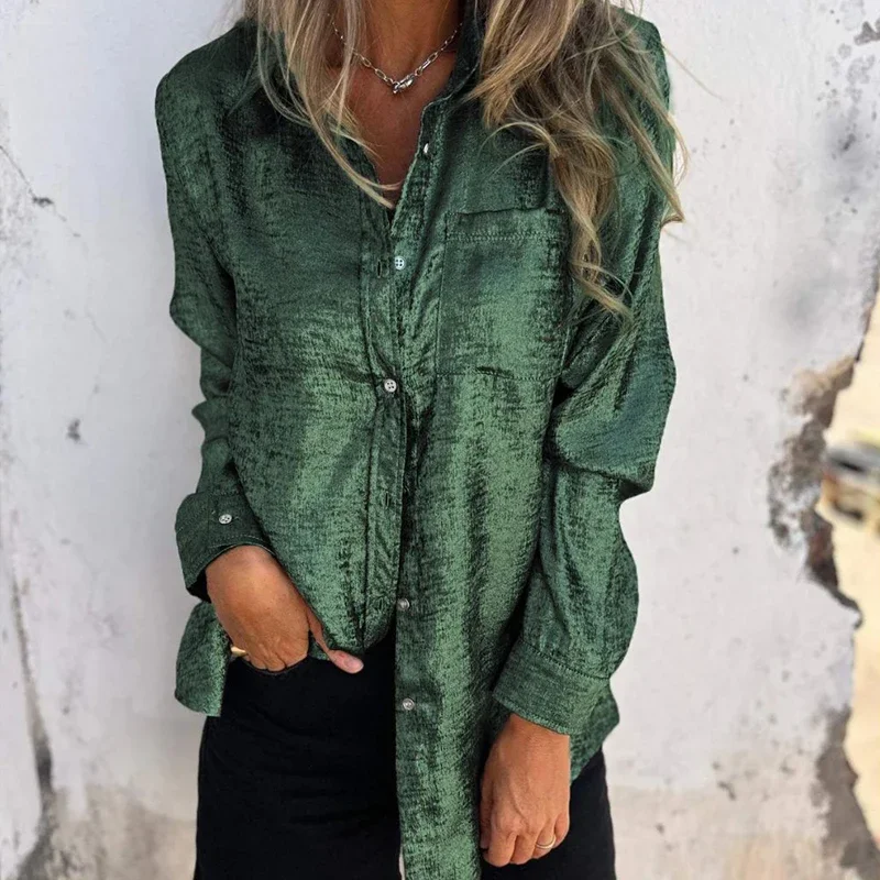 

Women Casual Single Breasted Velvet Shirts Fashion Lapel Long Sleeve Tops Blouse New Elegant Solid Color Commute Loose Top Blusa
