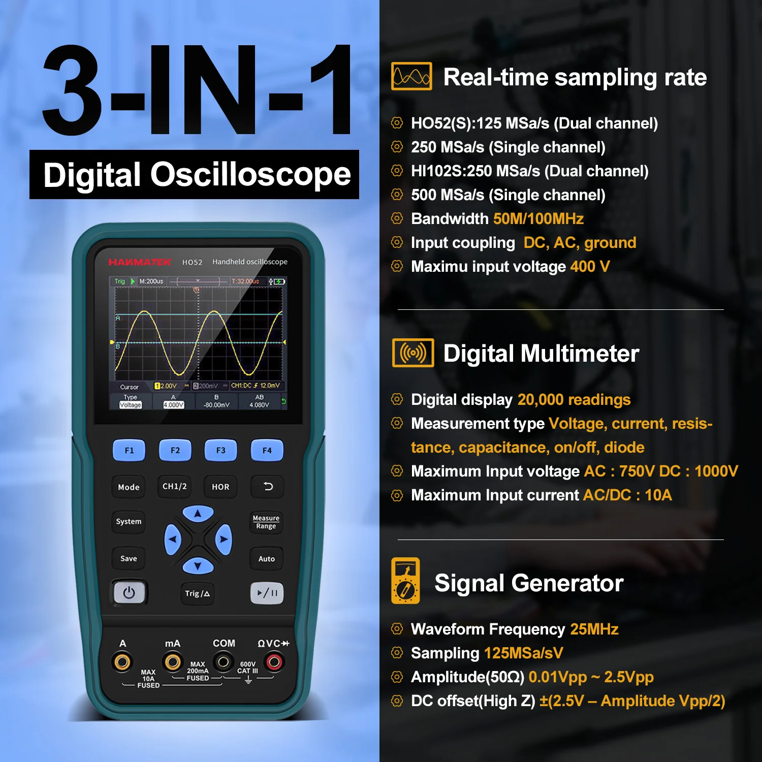 Hanmatek Digital Oscilloscope Multimeter Signal Generator Source 3 in 1 Multifunction 2 Channel Electronic Component Tester