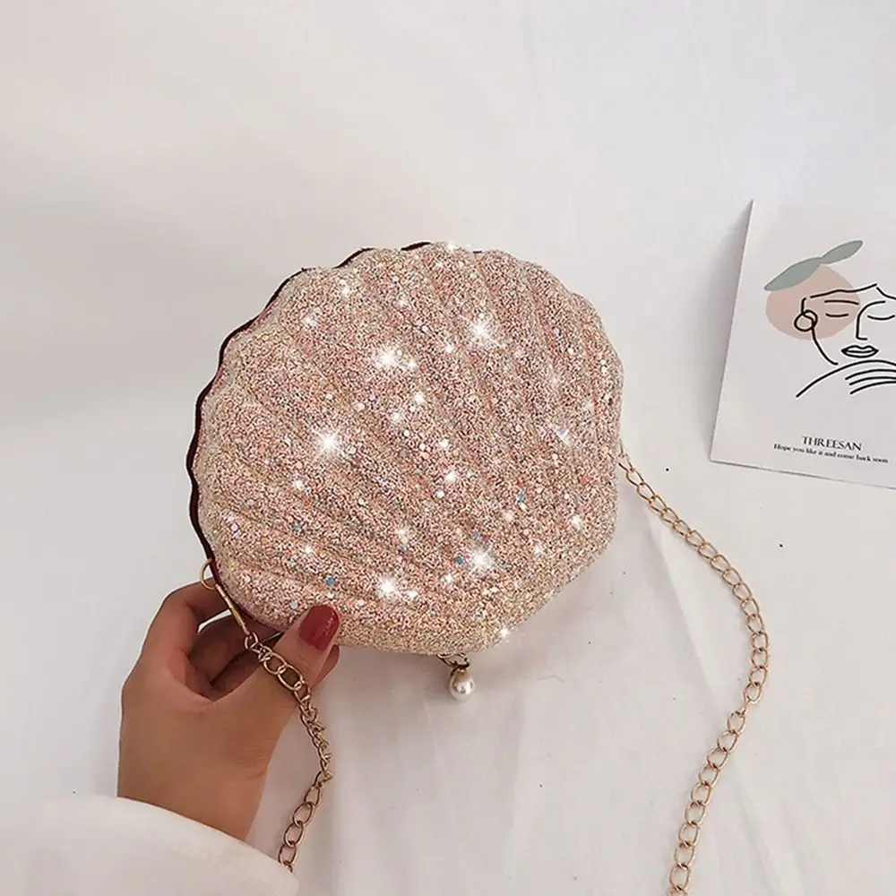 Chain Sequined Shoulder Bag For Women Pu Leather Handbags Cute Shell Crossbody Bags Female Sequins Small Bag Phone Money Pouch