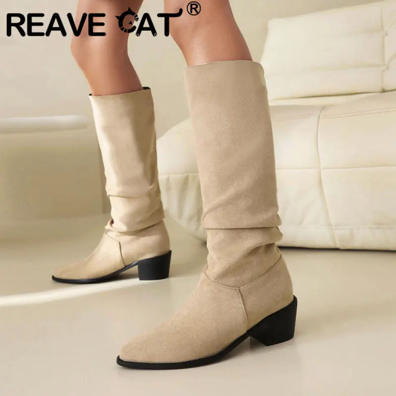 

REAVE CAT Retro Women Knee High Boots Pointed Toe Chunky Hees 5cm Slip On Flock Suede Plus Size 42 43 Leisure Daily Winter Bota