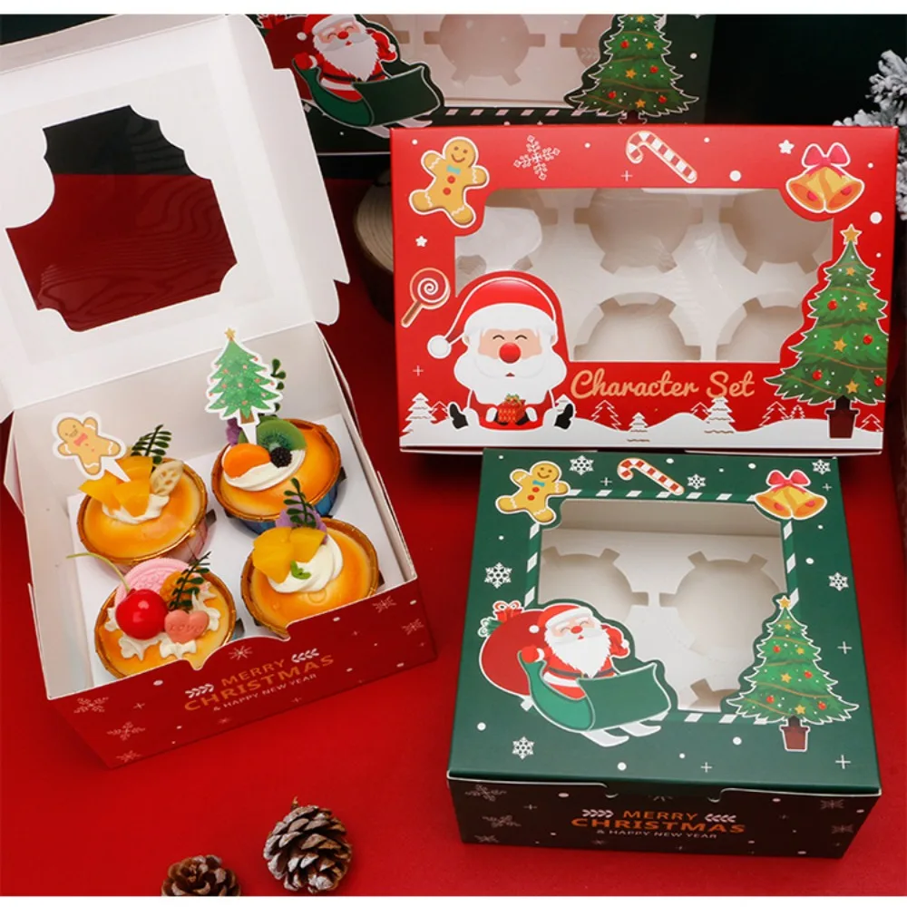 

6PCS Square Christmas Cookie Boxes Paper with Window Cupcake Box Gift Packaging Party Decor Wedding Favor Box Gift Giving