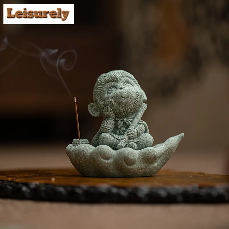 Green Sandstone Zen Wukong Tea Pet Aesthetic Flowerpot Landscaping Tea Figurine Play Toys Tea Statue Ornaments Craftsmanship