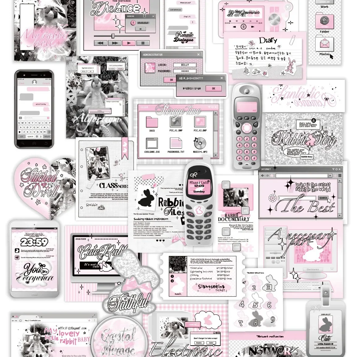30Pcs Korean INS Ballet Style Grey Pink Sticker Pack Cute Girls Scrapbook Journal DIY Decoration Mobile Phone Case Luggage Decor
