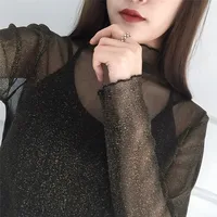 Sexy Black Sheer Mesh T Shirts See Through Bottoming Shirts Long Sleeve Women‘s Tops Fashion T-Shirts Party Blouses Ladies Tops