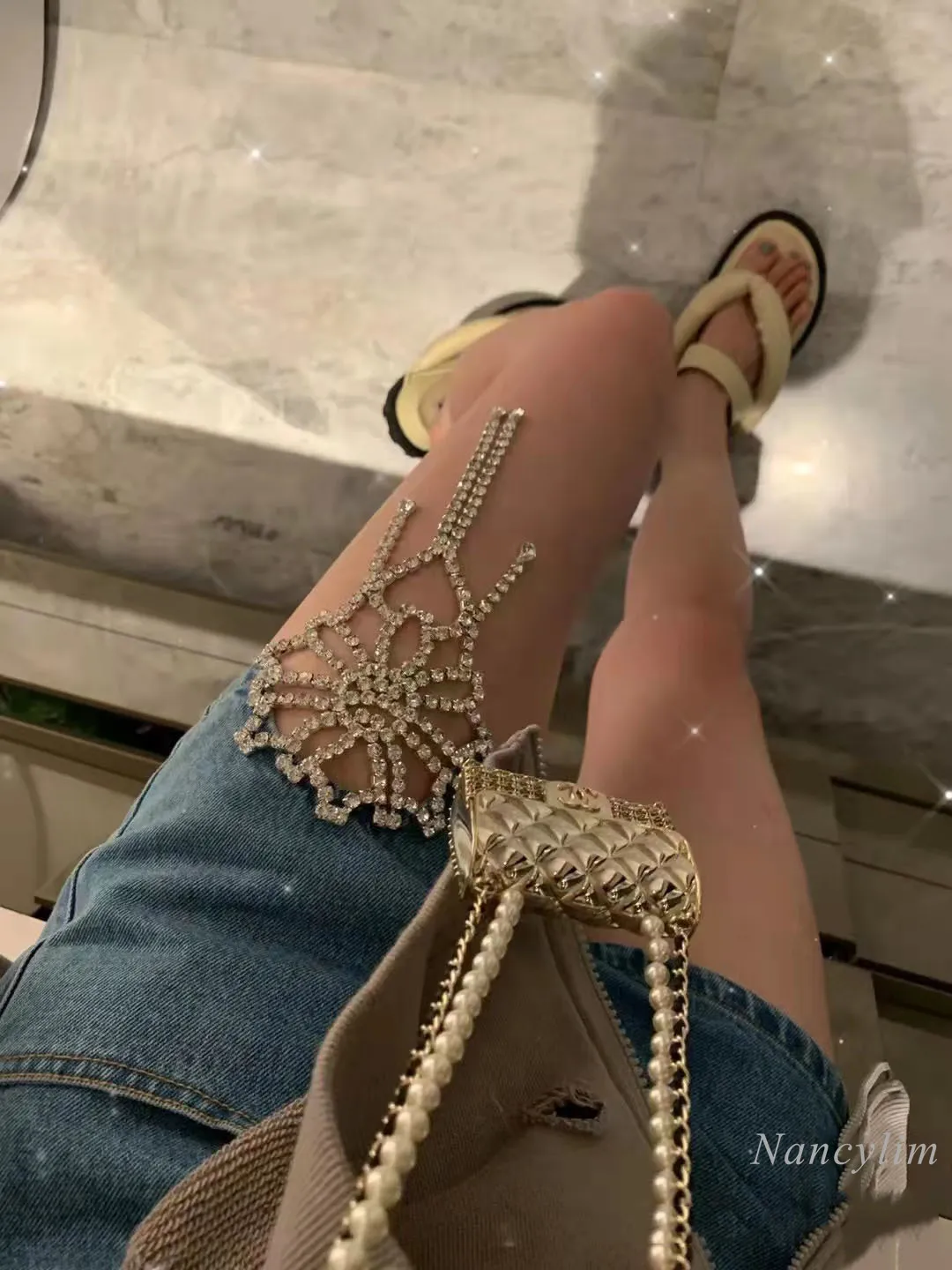 2024 Summer Blue Denim Shorts Retro Younger Personality Stitching Heavy Industry Drill Chain Slimming High Waist Jean Shorts