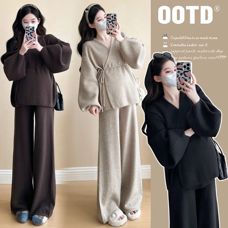 Maternity Wear Fall Winter Clothes Set Korean Lantern Sleeve Sweater+ Wide-leg Pants 2Pcs Fashion Models Suit Pregnant Clothes