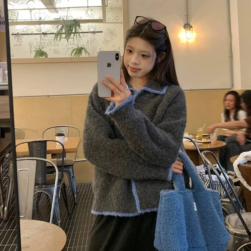 New Retro Contrasting Color Lapel Sweater Women's Autumn and Winter Elegant Loose Lazy Style Casual Knitted Cardigan Jacket